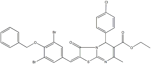 ethyl 2-[4-(benzyloxy)-3,5-dibromobenzylidene]-5-(4-chlorophenyl)-7-methyl-3-oxo-2,3-dihydro-5H-[1,3]thiazolo[3,2-a]pyrimidine-6-carboxylate 结构式