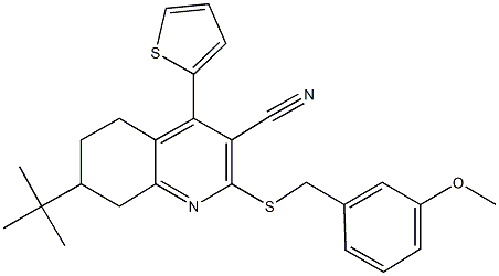 7-tert-butyl-2-[(3-methoxybenzyl)sulfanyl]-4-(2-thienyl)-5,6,7,8-tetrahydro-3-quinolinecarbonitrile 结构式