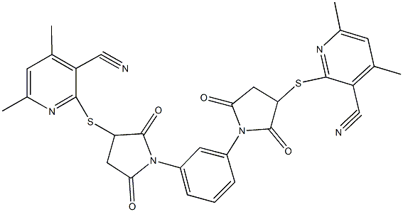 2-{[1-(3-{3-[(3-cyano-4,6-dimethyl-2-pyridinyl)sulfanyl]-2,5-dioxo-1-pyrrolidinyl}phenyl)-2,5-dioxo-3-pyrrolidinyl]sulfanyl}-4,6-dimethylnicotinonitrile 结构式