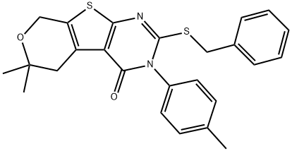 2-(benzylsulfanyl)-6,6-dimethyl-3-(4-methylphenyl)-3,5,6,8-tetrahydro-4H-pyrano[4',3':4,5]thieno[2,3-d]pyrimidin-4-one 结构式
