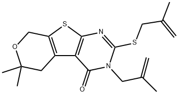 6,6-dimethyl-3-(2-methyl-2-propenyl)-2-[(2-methyl-2-propenyl)sulfanyl]-3,5,6,8-tetrahydro-4H-pyrano[4',3':4,5]thieno[2,3-d]pyrimidin-4-one 结构式