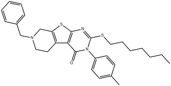 7-benzyl-2-(heptylsulfanyl)-3-(4-methylphenyl)-5,6,7,8-tetrahydropyrido[4',3':4,5]thieno[2,3-d]pyrimidin-4(3H)-one 结构式