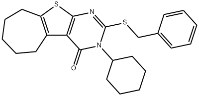 2-(benzylsulfanyl)-3-cyclohexyl-3,5,6,7,8,9-hexahydro-4H-cyclohepta[4,5]thieno[2,3-d]pyrimidin-4-one 结构式