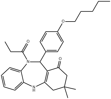 3,3-dimethyl-11-[4-(pentyloxy)phenyl]-10-propionyl-2,3,4,5,10,11-hexahydro-1H-dibenzo[b,e][1,4]diazepin-1-one 结构式