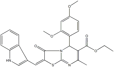 ethyl 5-(2,4-dimethoxyphenyl)-2-(1H-indol-3-ylmethylene)-7-methyl-3-oxo-2,3-dihydro-5H-[1,3]thiazolo[3,2-a]pyrimidine-6-carboxylate 结构式