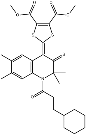 dimethyl 2-(1-(3-cyclohexylpropanoyl)-2,2,6,7-tetramethyl-3-thioxo-2,3-dihydro-4(1H)-quinolinylidene)-1,3-dithiole-4,5-dicarboxylate 结构式
