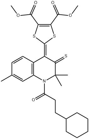 dimethyl 2-(1-(3-cyclohexylpropanoyl)-2,2,7-trimethyl-3-thioxo-2,3-dihydro-4(1H)-quinolinylidene)-1,3-dithiole-4,5-dicarboxylate 结构式