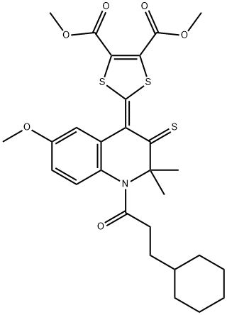 dimethyl 2-(1-(3-cyclohexylpropanoyl)-6-methoxy-2,2-dimethyl-3-thioxo-2,3-dihydro-4(1H)-quinolinylidene)-1,3-dithiole-4,5-dicarboxylate 结构式