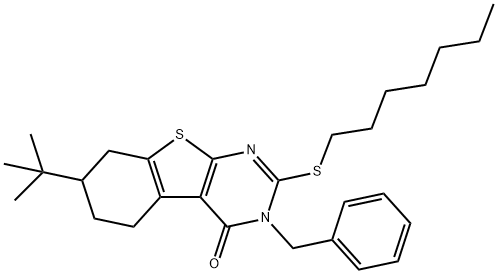 3-benzyl-7-tert-butyl-2-(heptylsulfanyl)-5,6,7,8-tetrahydro[1]benzothieno[2,3-d]pyrimidin-4(3H)-one 结构式