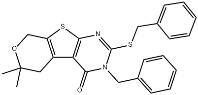 3-benzyl-2-(benzylsulfanyl)-6,6-dimethyl-3,5,6,8-tetrahydro-4H-pyrano[4',3':4,5]thieno[2,3-d]pyrimidin-4-one 结构式