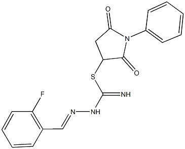 2,5-dioxo-1-phenyl-3-pyrrolidinyl 2-(2-fluorobenzylidene)hydrazinecarbimidothioate 结构式