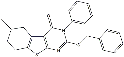 2-(benzylsulfanyl)-6-methyl-3-phenyl-5,6,7,8-tetrahydro[1]benzothieno[2,3-d]pyrimidin-4(3H)-one 结构式