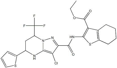 ethyl 2-({[3-chloro-5-(2-thienyl)-7-(trifluoromethyl)-4,5,6,7-tetrahydropyrazolo[1,5-a]pyrimidin-2-yl]carbonyl}amino)-4,5,6,7-tetrahydro-1-benzothiophene-3-carboxylate 结构式