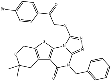 4-benzyl-1-{[2-(4-bromophenyl)-2-oxoethyl]sulfanyl}-7,7-dimethyl-6,9-dihydro-7H-pyrano[4',3':4,5]thieno[3,2-e][1,2,4]triazolo[4,3-a]pyrimidin-5(4H)-one 结构式