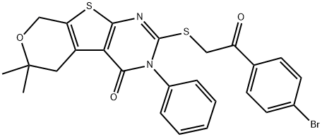 2-{[2-(4-bromophenyl)-2-oxoethyl]sulfanyl}-6,6-dimethyl-3-phenyl-3,5,6,8-tetrahydro-4H-pyrano[4',3':4,5]thieno[2,3-d]pyrimidin-4-one 结构式