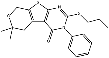 6,6-dimethyl-3-phenyl-2-(propylsulfanyl)-3,5,6,8-tetrahydro-4H-pyrano[4',3':4,5]thieno[2,3-d]pyrimidin-4-one 结构式