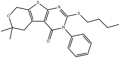 2-(butylsulfanyl)-6,6-dimethyl-3-phenyl-3,5,6,8-tetrahydro-4H-pyrano[4',3':4,5]thieno[2,3-d]pyrimidin-4-one 结构式