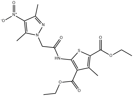 diethyl 5-[({4-nitro-3,5-dimethyl-1H-pyrazol-1-yl}acetyl)amino]-3-methyl-2,4-thiophenedicarboxylate 结构式