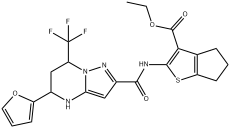 ethyl 2-({[5-(2-furyl)-7-(trifluoromethyl)-4,5,6,7-tetrahydropyrazolo[1,5-a]pyrimidin-2-yl]carbonyl}amino)-5,6-dihydro-4H-cyclopenta[b]thiophene-3-carboxylate 结构式