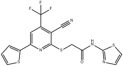 2-{[3-cyano-6-(2-thienyl)-4-(trifluoromethyl)-2-pyridinyl]sulfanyl}-N-(1,3-thiazol-2-yl)acetamide 结构式