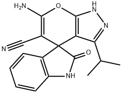 6-amino-5-cyano-3-isopropyl-1,4-dihydro-2'-oxospiro(pyrano[2,3-c]pyrazole-4,3'-indoline) 结构式