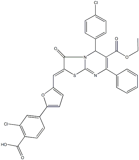 2-chloro-4-{5-[(5-(4-chlorophenyl)-6-(ethoxycarbonyl)-3-oxo-7-phenyl-5H-[1,3]thiazolo[3,2-a]pyrimidin-2(3H)-ylidene)methyl]-2-furyl}benzoic acid 结构式