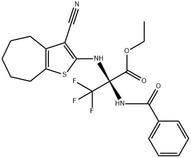 ethyl 2-(benzoylamino)-2-[(3-cyano-5,6,7,8-tetrahydro-4H-cyclohepta[b]thiophen-2-yl)amino]-3,3,3-trifluoropropanoate 结构式