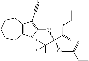 ethyl 2-[(3-cyano-5,6,7,8-tetrahydro-4H-cyclohepta[b]thien-2-yl)amino]-3,3,3-trifluoro-2-(propionylamino)propanoate 结构式