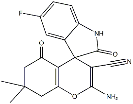 2-amino-3-cyano-7,7-dimethyl-2',5-dioxo-5'-fluoro-1',3',5,6,7,8-hexahydrospiro[4H-chromene-4,3'-(2'H)-indole] 结构式