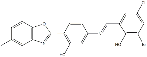 2-bromo-4-chloro-6-({[3-hydroxy-4-(5-methyl-1,3-benzoxazol-2-yl)phenyl]imino}methyl)phenol 结构式
