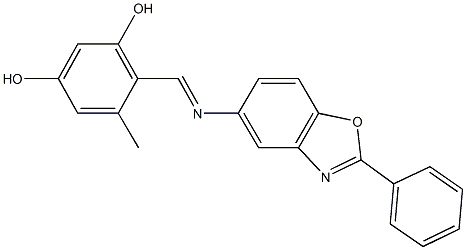 5-methyl-4-{[(2-phenyl-1,3-benzoxazol-5-yl)imino]methyl}-1,3-benzenediol 结构式