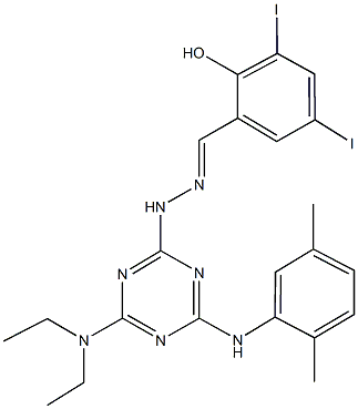 2-hydroxy-3,5-diiodobenzaldehyde [4-(diethylamino)-6-(2,5-dimethylanilino)-1,3,5-triazin-2-yl]hydrazone 结构式