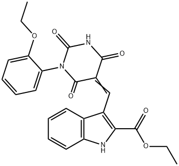 ethyl 3-[(1-(2-ethoxyphenyl)-2,4,6-trioxotetrahydro-5(2H)-pyrimidinylidene)methyl]-1H-indole-2-carboxylate 结构式