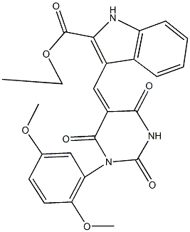ethyl 3-[(1-(2,5-dimethoxyphenyl)-2,4,6-trioxotetrahydro-5(2H)-pyrimidinylidene)methyl]-1H-indole-2-carboxylate 结构式