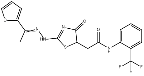 2-(2-{[1-(2-furyl)ethylidene]hydrazono}-4-hydroxy-2,5-dihydro-1,3-thiazol-5-yl)-N-[2-(trifluoromethyl)phenyl]acetamide 结构式