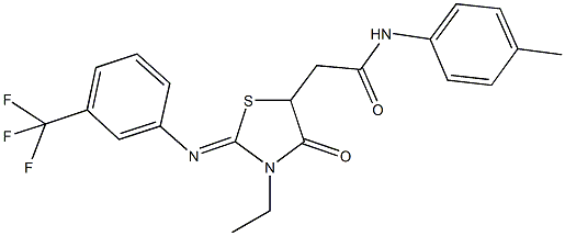 2-(3-ethyl-4-oxo-2-{[3-(trifluoromethyl)phenyl]imino}-1,3-thiazolidin-5-yl)-N-(4-methylphenyl)acetamide 结构式