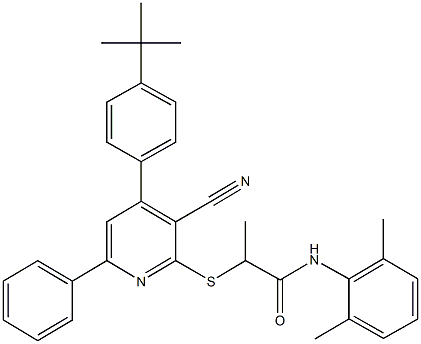 2-{[4-(4-tert-butylphenyl)-3-cyano-6-phenyl-2-pyridinyl]sulfanyl}-N-(2,6-dimethylphenyl)propanamide 结构式