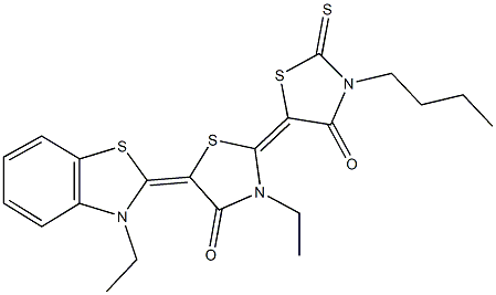 3'-butyl-3-ethyl-5-(3-ethyl-1,3-benzothiazol-2(3H)-ylidene)-2'-thioxo-2,5'-bis[1,3-thiazolidin-2-ylidene]-4,4'-dione 结构式