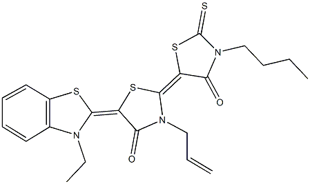 3-allyl-3'-butyl-5-(3-ethyl-1,3-benzothiazol-2(3H)-ylidene)-2'-thioxo-2,5'-bis[1,3-thiazolidin-2-ylidene]-4,4'-dione 结构式