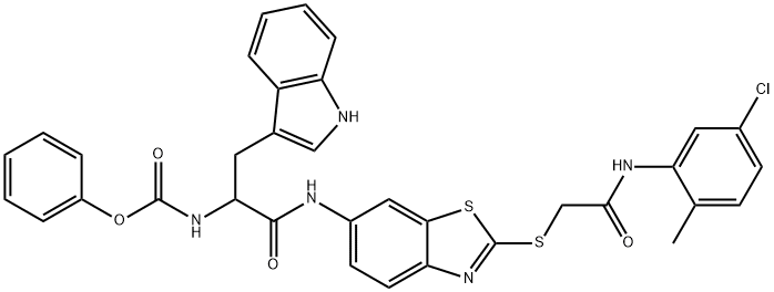 phenyl 2-[(2-{[2-(5-chloro-2-methylanilino)-2-oxoethyl]sulfanyl}-1,3-benzothiazol-6-yl)amino]-1-(1H-indol-3-ylmethyl)-2-oxoethylcarbamate 结构式