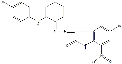 5-bromo-7-nitro-1H-indole-2,3-dione 3-[(6-chloro-2,3,4,9-tetrahydro-1H-carbazol-1-ylidene)hydrazone] 结构式