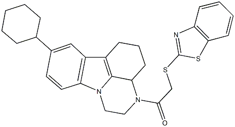 3-[(1,3-benzothiazol-2-ylsulfanyl)acetyl]-8-cyclohexyl-2,3,3a,4,5,6-hexahydro-1H-pyrazino[3,2,1-jk]carbazole 结构式