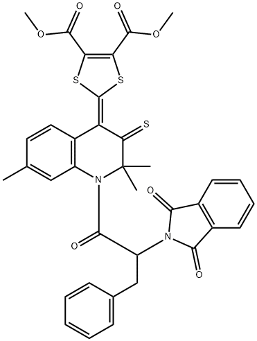 dimethyl 2-(1-[2-(1,3-dioxo-1,3-dihydro-2H-isoindol-2-yl)-3-phenylpropanoyl]-2,2,7-trimethyl-3-thioxo-2,3-dihydro-4(1H)-quinolinylidene)-1,3-dithiole-4,5-dicarboxylate 结构式