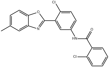 2-chloro-N-[4-chloro-3-(5-methyl-1,3-benzoxazol-2-yl)phenyl]benzamide 结构式