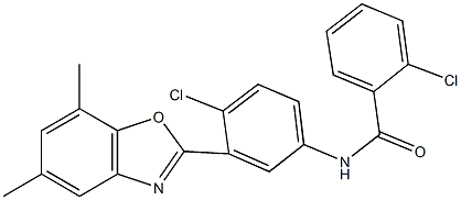 2-chloro-N-[4-chloro-3-(5,7-dimethyl-1,3-benzoxazol-2-yl)phenyl]benzamide 结构式