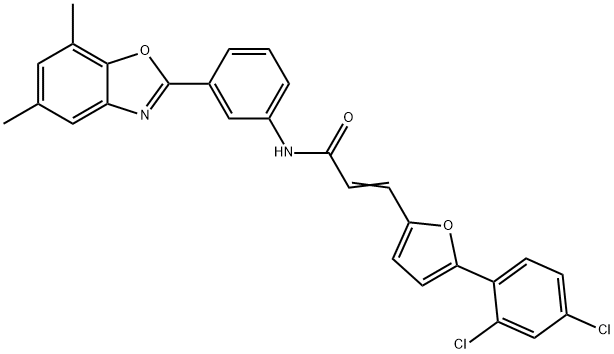 3-[5-(2,4-dichlorophenyl)-2-furyl]-N-[3-(5,7-dimethyl-1,3-benzoxazol-2-yl)phenyl]acrylamide 结构式