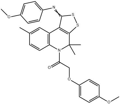 N-{5-[(4-methoxyphenoxy)acetyl]-4,4,8-trimethyl-4,5-dihydro-1H-[1,2]dithiolo[3,4-c]quinolin-1-ylidene}-N-(4-methoxyphenyl)amine 结构式