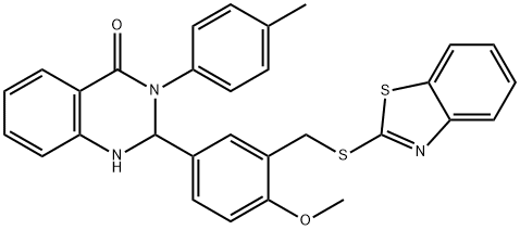 2-{3-[(1,3-benzothiazol-2-ylsulfanyl)methyl]-4-methoxyphenyl}-3-(4-methylphenyl)-2,3-dihydro-4(1H)-quinazolinone 结构式