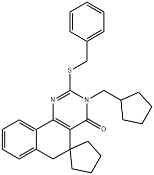 2-(benzylsulfanyl)-3-(cyclopentylmethyl)-5,6-dihydrospiro(benzo[h]quinazoline-5,1'cyclopentane)-4(3H)-one 结构式