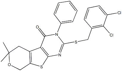 2-[(2,3-dichlorobenzyl)sulfanyl]-6,6-dimethyl-3-phenyl-3,5,6,8-tetrahydro-4H-pyrano[4',3':4,5]thieno[2,3-d]pyrimidin-4-one 结构式